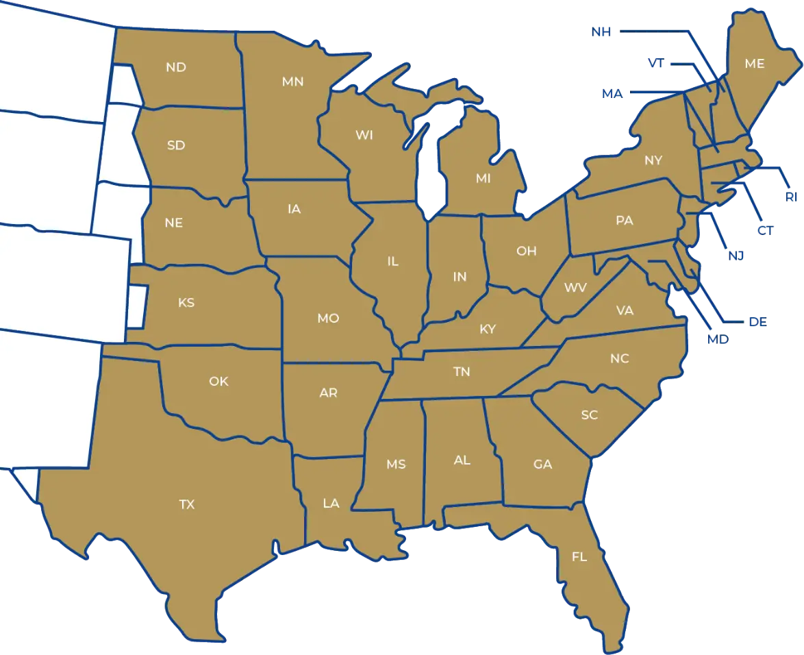 Map of the United States with all states shaded brown except those in the western region, which are left unshaded and not labeled.